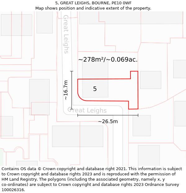 5, GREAT LEIGHS, BOURNE, PE10 0WF: Plot and title map