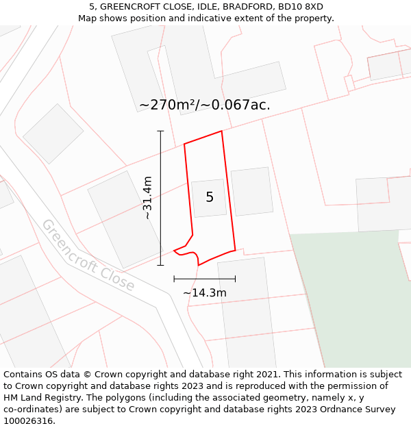 5, GREENCROFT CLOSE, IDLE, BRADFORD, BD10 8XD: Plot and title map