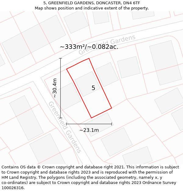 5, GREENFIELD GARDENS, DONCASTER, DN4 6TF: Plot and title map