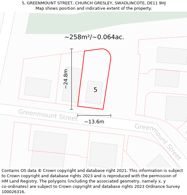 5, GREENMOUNT STREET, CHURCH GRESLEY, SWADLINCOTE, DE11 9HJ: Plot and title map