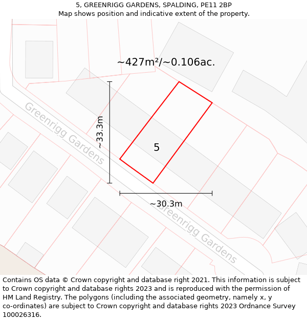 5, GREENRIGG GARDENS, SPALDING, PE11 2BP: Plot and title map