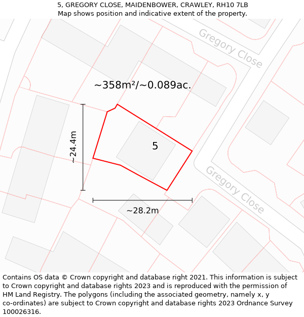 5, GREGORY CLOSE, MAIDENBOWER, CRAWLEY, RH10 7LB: Plot and title map