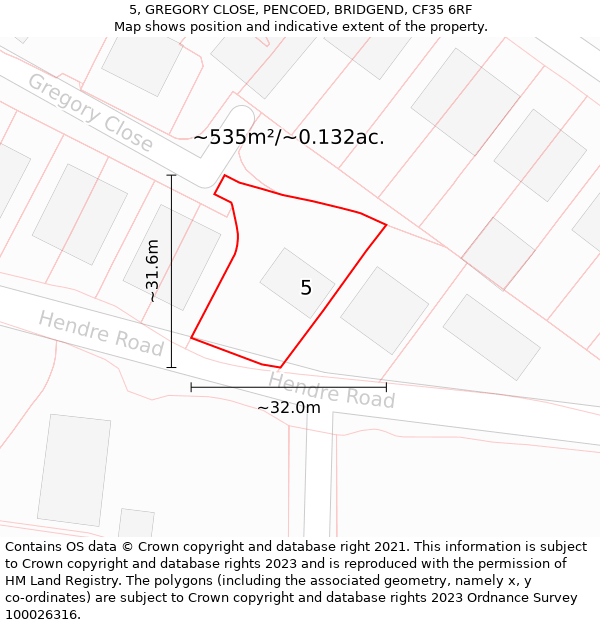 5, GREGORY CLOSE, PENCOED, BRIDGEND, CF35 6RF: Plot and title map