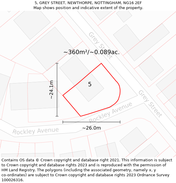 5, GREY STREET, NEWTHORPE, NOTTINGHAM, NG16 2EF: Plot and title map