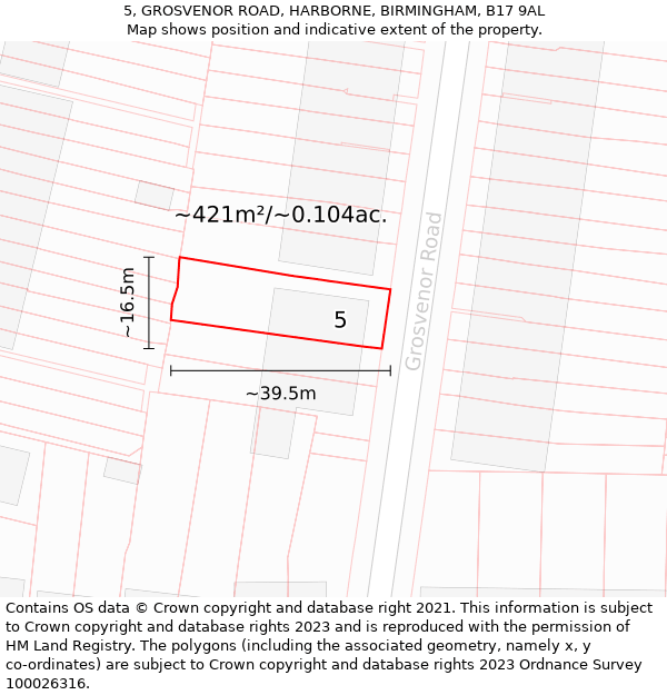 5, GROSVENOR ROAD, HARBORNE, BIRMINGHAM, B17 9AL: Plot and title map