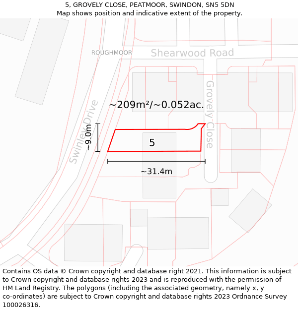 5, GROVELY CLOSE, PEATMOOR, SWINDON, SN5 5DN: Plot and title map