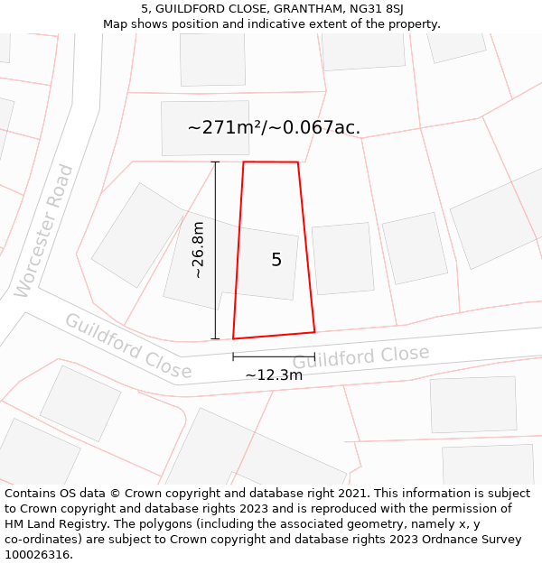 5, GUILDFORD CLOSE, GRANTHAM, NG31 8SJ: Plot and title map