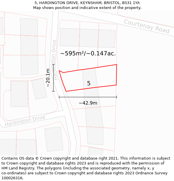 5, HARDINGTON DRIVE, KEYNSHAM, BRISTOL, BS31 1YA: Plot and title map