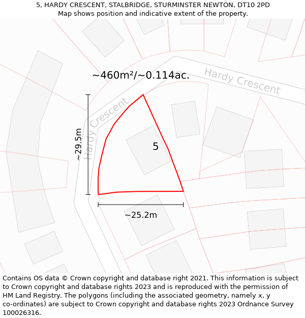 5, HARDY CRESCENT, STALBRIDGE, STURMINSTER NEWTON, DT10 2PD: Plot and title map