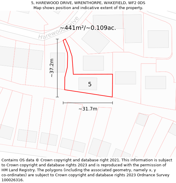 5, HAREWOOD DRIVE, WRENTHORPE, WAKEFIELD, WF2 0DS: Plot and title map