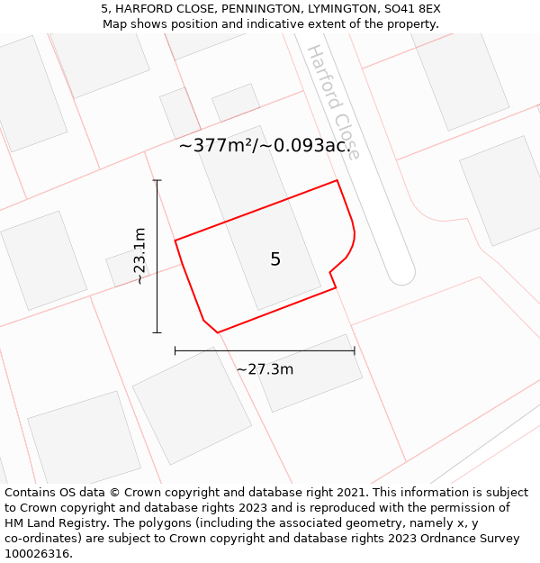 5, HARFORD CLOSE, PENNINGTON, LYMINGTON, SO41 8EX: Plot and title map