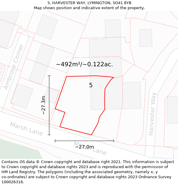 5, HARVESTER WAY, LYMINGTON, SO41 8YB: Plot and title map