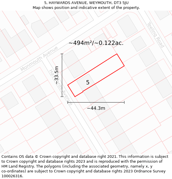 5, HAYWARDS AVENUE, WEYMOUTH, DT3 5JU: Plot and title map