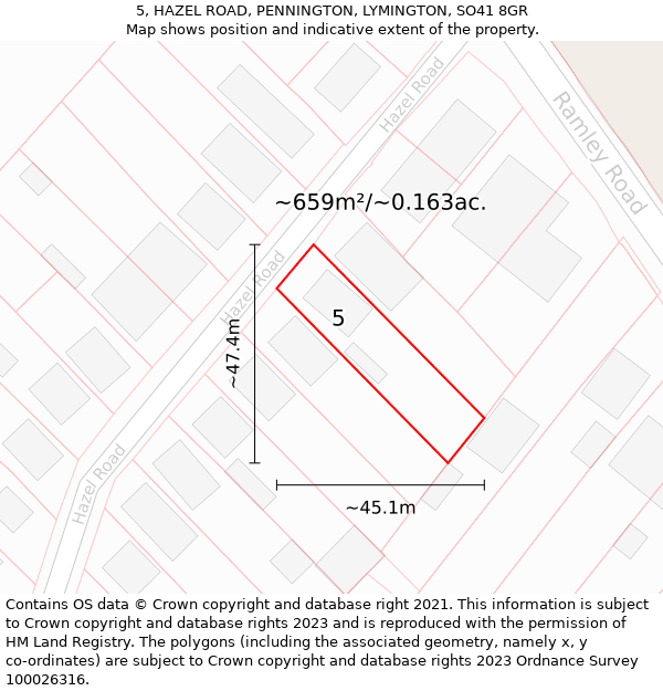 5, HAZEL ROAD, PENNINGTON, LYMINGTON, SO41 8GR: Plot and title map