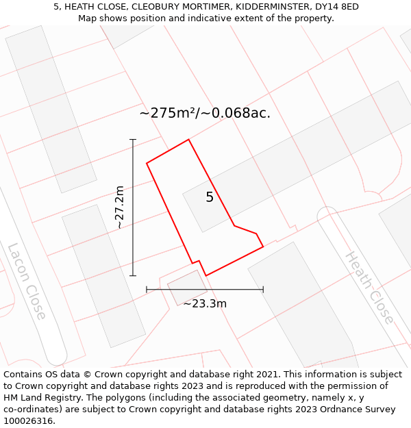 5, HEATH CLOSE, CLEOBURY MORTIMER, KIDDERMINSTER, DY14 8ED: Plot and title map