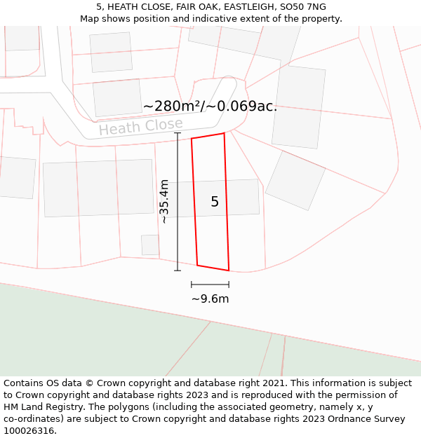 5, HEATH CLOSE, FAIR OAK, EASTLEIGH, SO50 7NG: Plot and title map