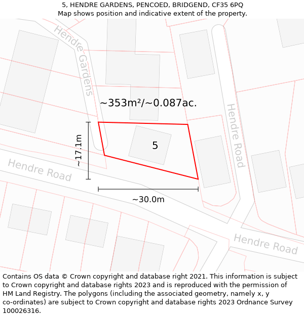 5, HENDRE GARDENS, PENCOED, BRIDGEND, CF35 6PQ: Plot and title map