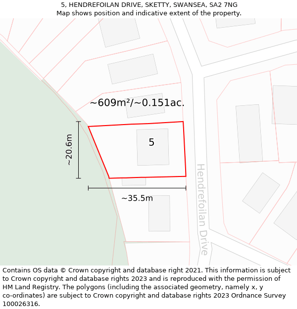 5, HENDREFOILAN DRIVE, SKETTY, SWANSEA, SA2 7NG: Plot and title map