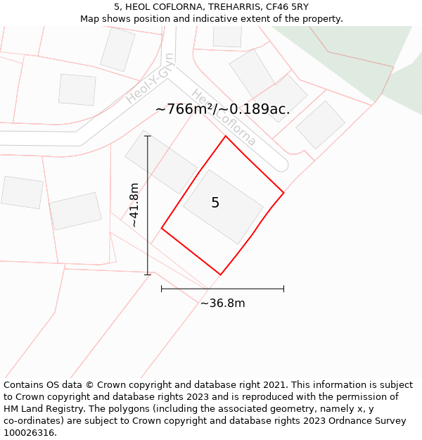 5, HEOL COFLORNA, TREHARRIS, CF46 5RY: Plot and title map