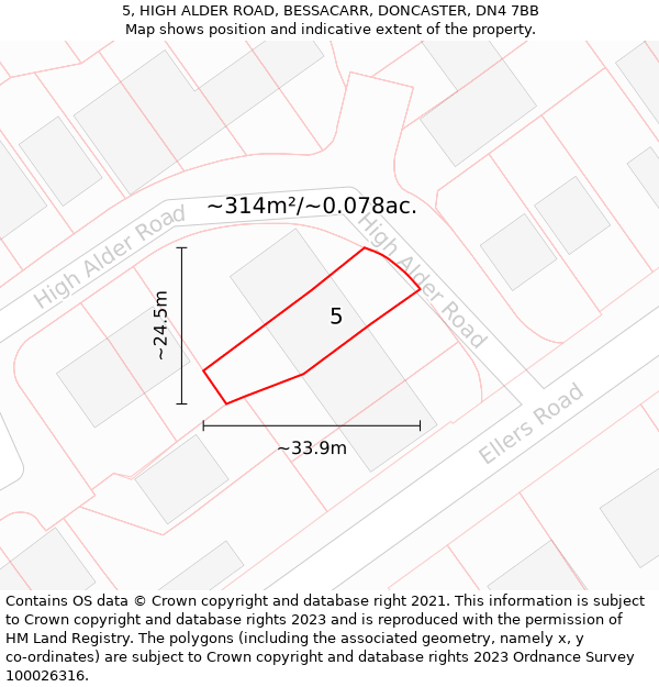 5, HIGH ALDER ROAD, BESSACARR, DONCASTER, DN4 7BB: Plot and title map