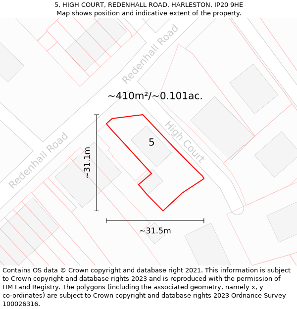 5, HIGH COURT, REDENHALL ROAD, HARLESTON, IP20 9HE: Plot and title map