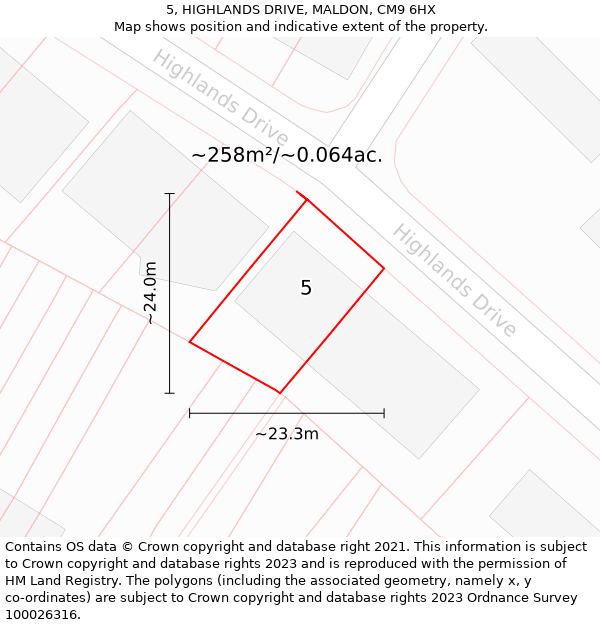 5, HIGHLANDS DRIVE, MALDON, CM9 6HX: Plot and title map