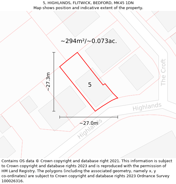 5, HIGHLANDS, FLITWICK, BEDFORD, MK45 1DN: Plot and title map