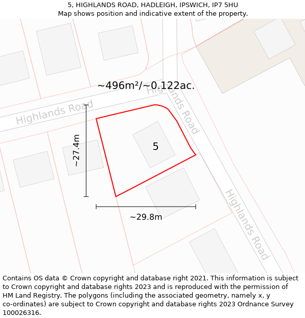 5, HIGHLANDS ROAD, HADLEIGH, IPSWICH, IP7 5HU: Plot and title map