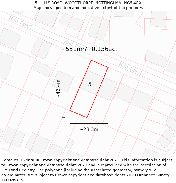 5, HILLS ROAD, WOODTHORPE, NOTTINGHAM, NG5 4GX: Plot and title map