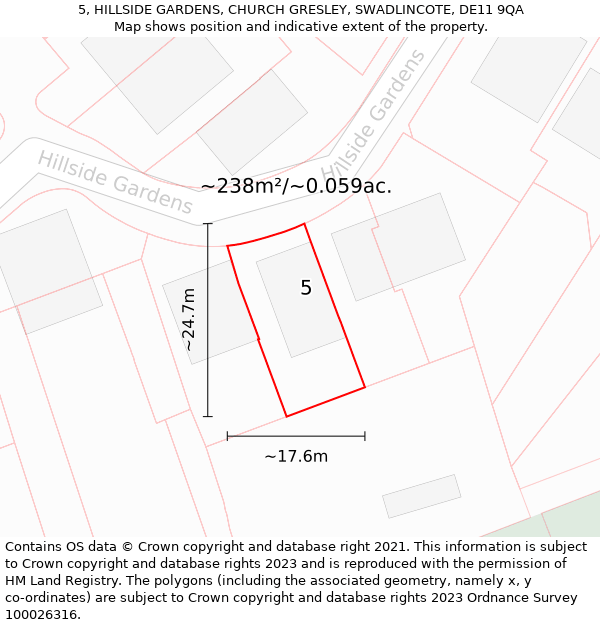 5, HILLSIDE GARDENS, CHURCH GRESLEY, SWADLINCOTE, DE11 9QA: Plot and title map