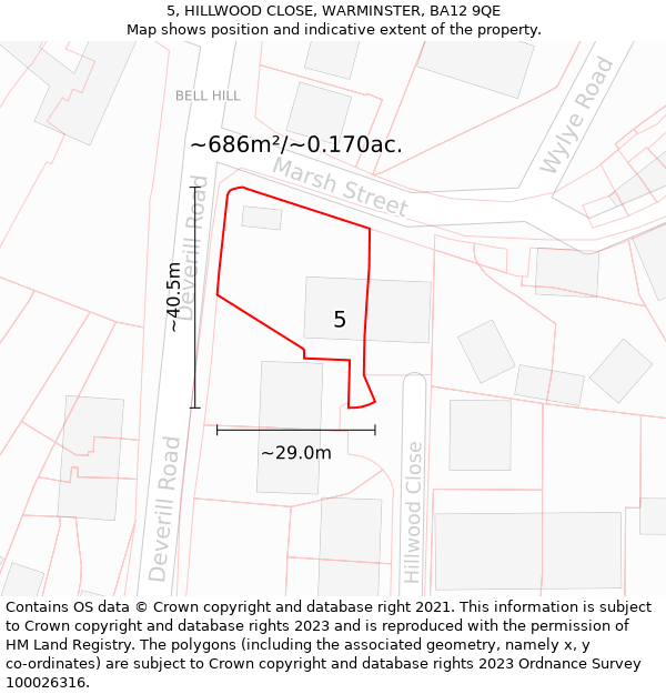 5, HILLWOOD CLOSE, WARMINSTER, BA12 9QE: Plot and title map