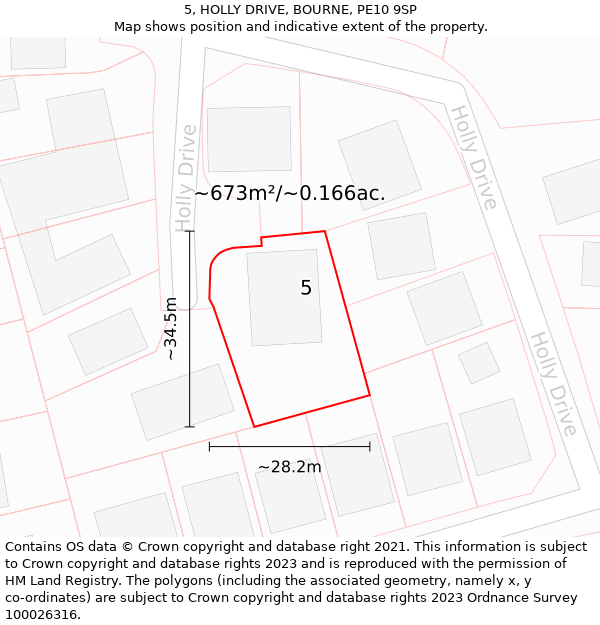 5, HOLLY DRIVE, BOURNE, PE10 9SP: Plot and title map