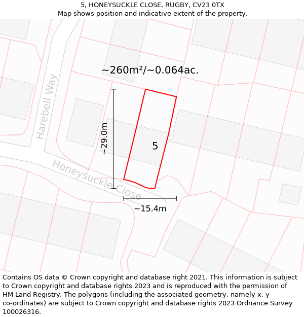 5, HONEYSUCKLE CLOSE, RUGBY, CV23 0TX: Plot and title map