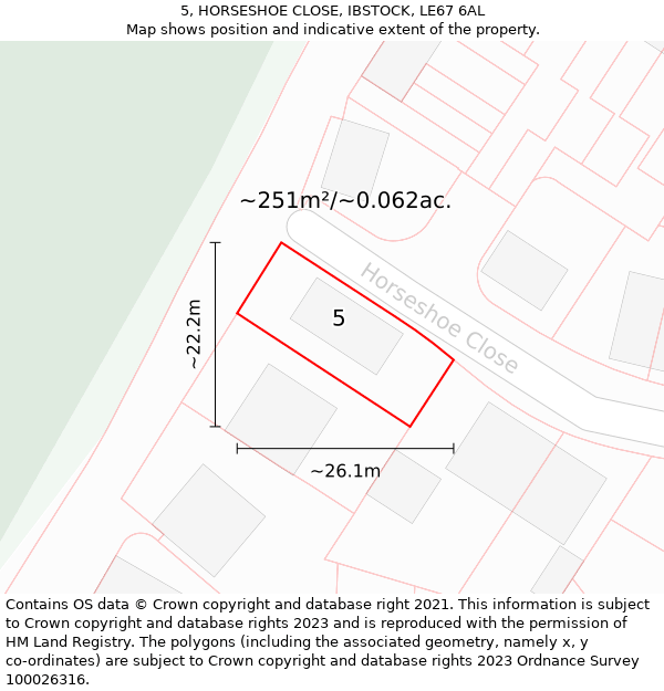 5, HORSESHOE CLOSE, IBSTOCK, LE67 6AL: Plot and title map