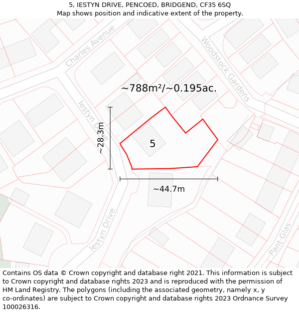 5, IESTYN DRIVE, PENCOED, BRIDGEND, CF35 6SQ: Plot and title map