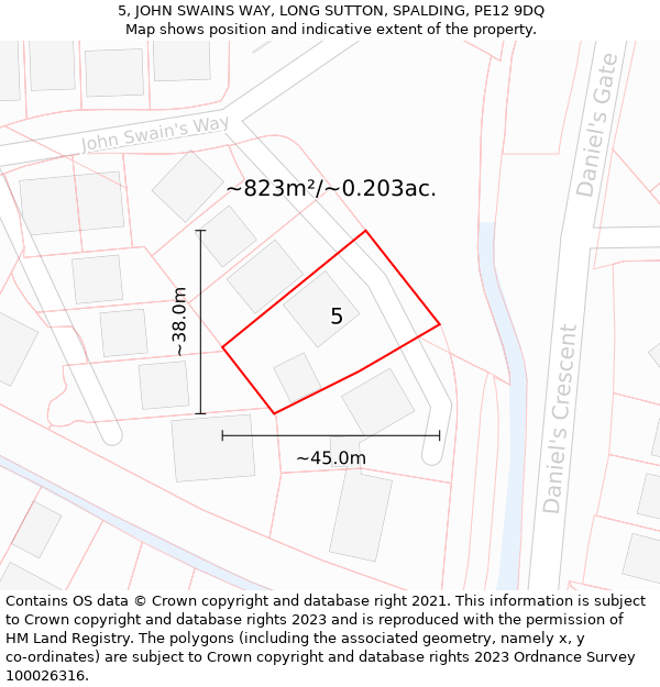 5, JOHN SWAINS WAY, LONG SUTTON, SPALDING, PE12 9DQ: Plot and title map