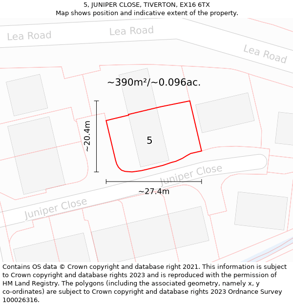 5, JUNIPER CLOSE, TIVERTON, EX16 6TX: Plot and title map