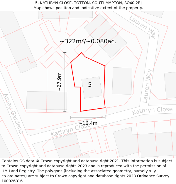 5, KATHRYN CLOSE, TOTTON, SOUTHAMPTON, SO40 2BJ: Plot and title map