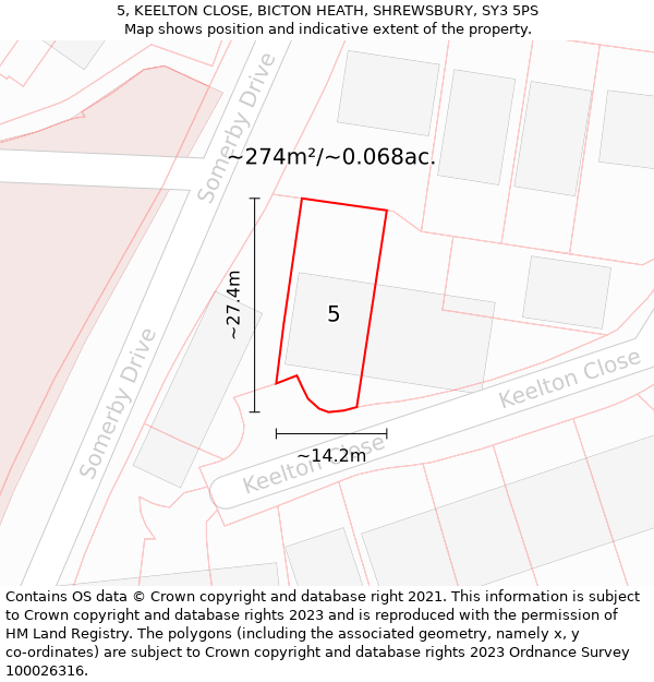 5, KEELTON CLOSE, BICTON HEATH, SHREWSBURY, SY3 5PS: Plot and title map