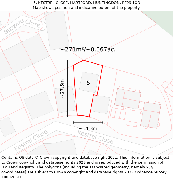 5, KESTREL CLOSE, HARTFORD, HUNTINGDON, PE29 1XD: Plot and title map