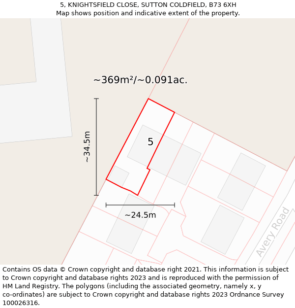 5, KNIGHTSFIELD CLOSE, SUTTON COLDFIELD, B73 6XH: Plot and title map