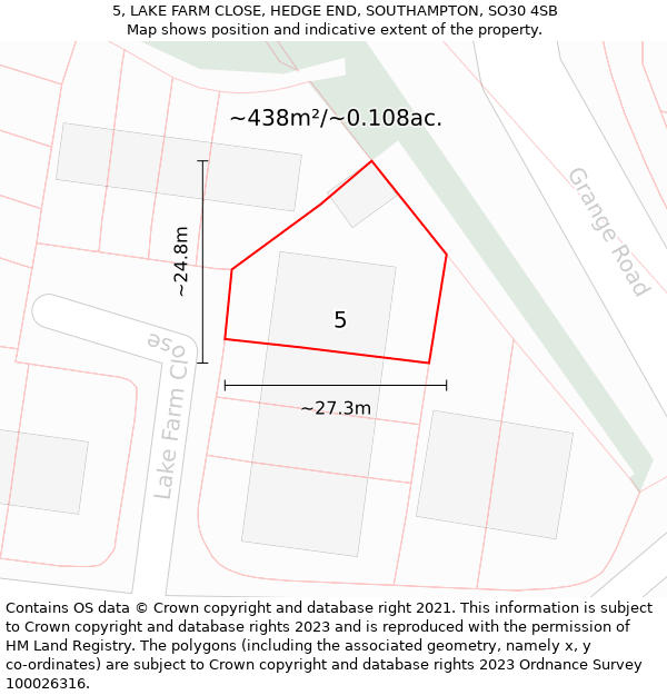 5, LAKE FARM CLOSE, HEDGE END, SOUTHAMPTON, SO30 4SB: Plot and title map