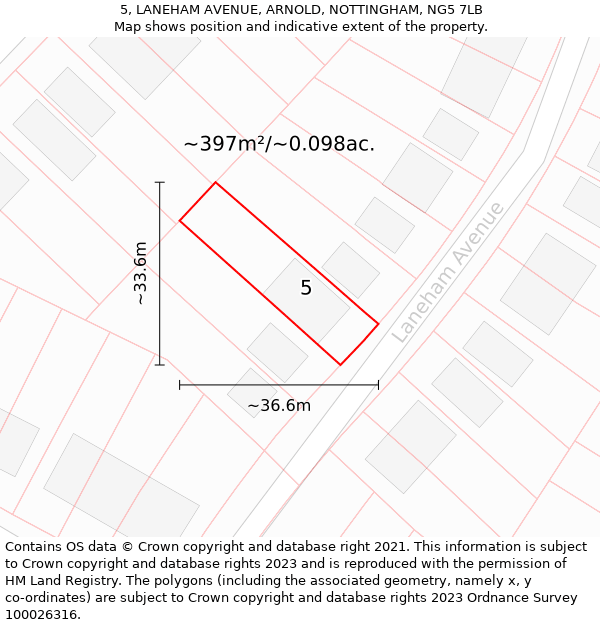 5, LANEHAM AVENUE, ARNOLD, NOTTINGHAM, NG5 7LB: Plot and title map