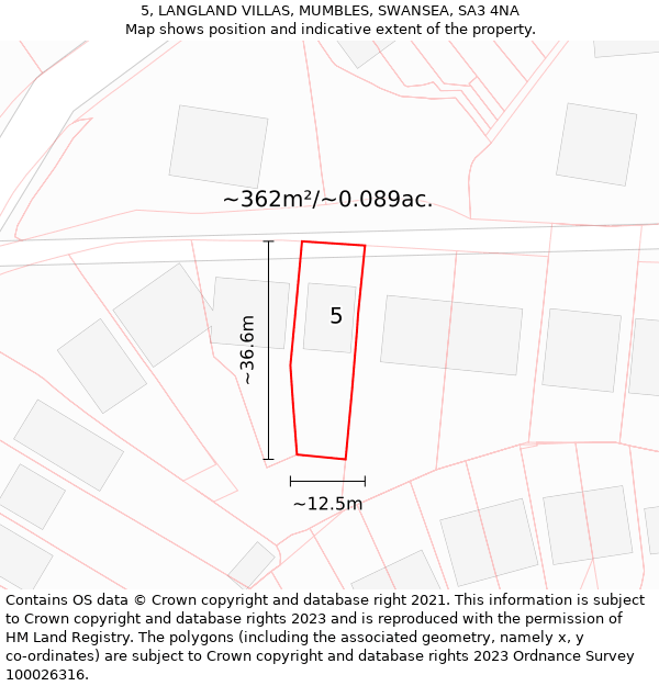 5, LANGLAND VILLAS, MUMBLES, SWANSEA, SA3 4NA: Plot and title map