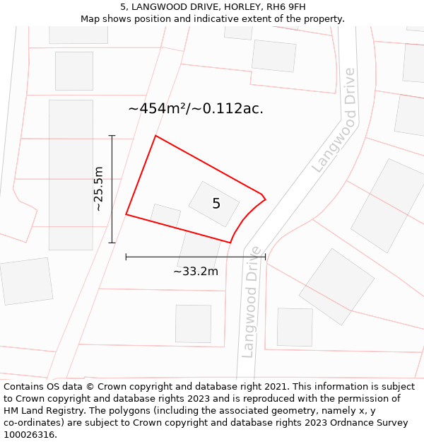 5, LANGWOOD DRIVE, HORLEY, RH6 9FH: Plot and title map