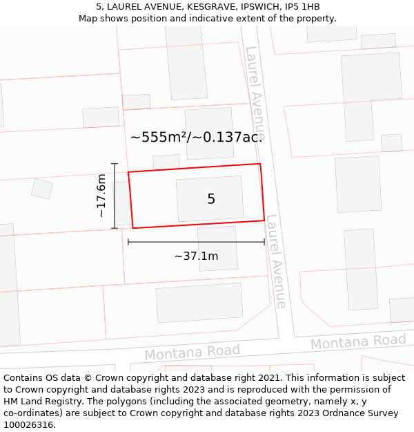 5, LAUREL AVENUE, KESGRAVE, IPSWICH, IP5 1HB: Plot and title map