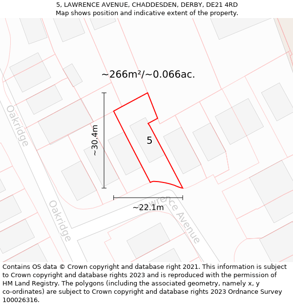 5, LAWRENCE AVENUE, CHADDESDEN, DERBY, DE21 4RD: Plot and title map