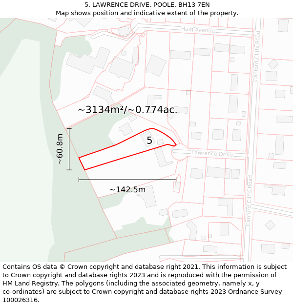 5, LAWRENCE DRIVE, POOLE, BH13 7EN: Plot and title map