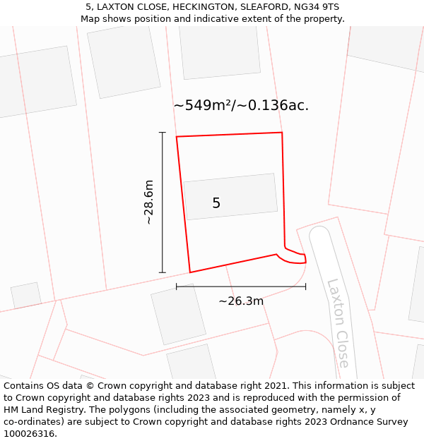 5, LAXTON CLOSE, HECKINGTON, SLEAFORD, NG34 9TS: Plot and title map