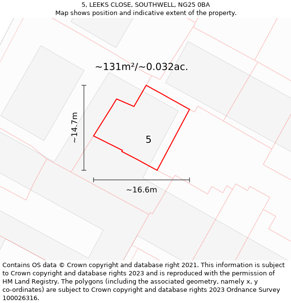 5, LEEKS CLOSE, SOUTHWELL, NG25 0BA: Plot and title map